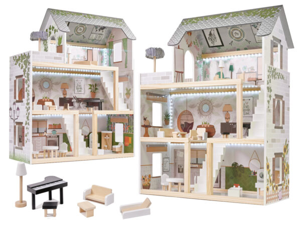 KX5944 Domek dla lalek drewniany apartament Ikonka boho 1-1 Medinis lėlių namelis su LED apšvietimu LULILO