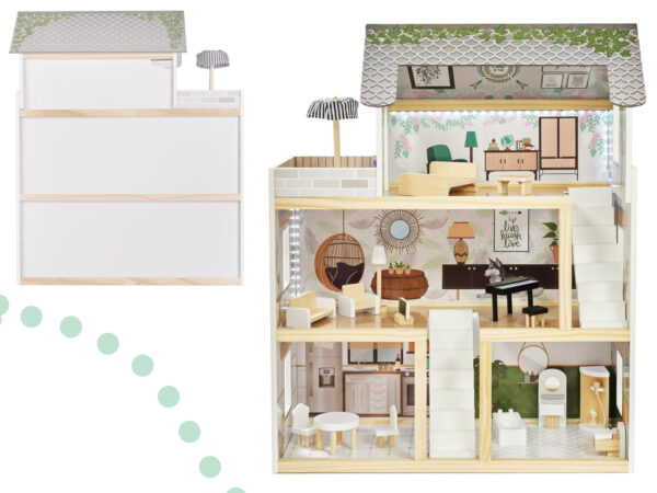 KX5944 Domek dla lalek drewniany apartament Ikonka boho 10-1 Medinis lėlių namelis su LED apšvietimu LULILO