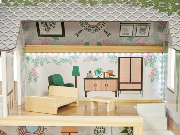 KX5944 Domek dla lalek drewniany apartament Ikonka boho 16-1 Medinis lėlių namelis su LED apšvietimu LULILO