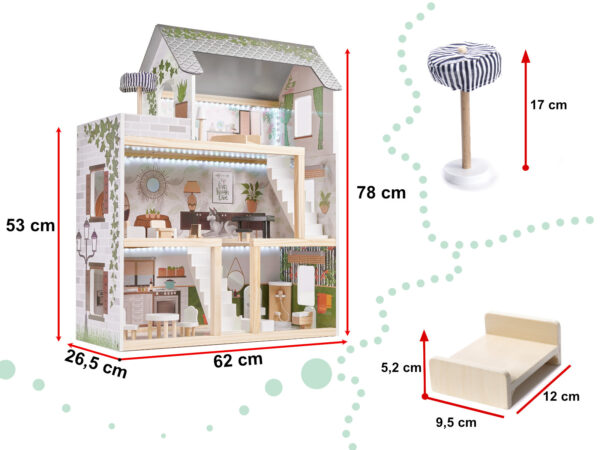 KX5944 Domek dla lalek drewniany apartament Ikonka boho 3 Medinis lėlių namelis su LED apšvietimu LULILO