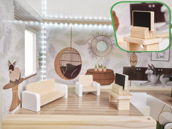 KX5944 Domek dla lalek drewniany apartament Ikonka boho 8 Medinis lėlių namelis su LED apšvietimu LULILO