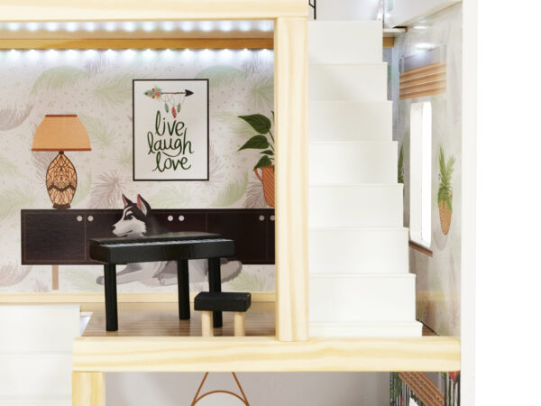 KX5944 Domek dla lalek drewniany apartament Ikonka boho 14 Medinis lėlių namelis su LED apšvietimu LULILO