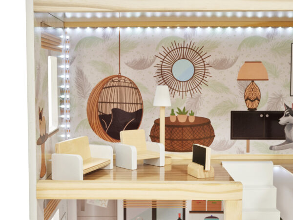 KX5944 Domek dla lalek drewniany apartament Ikonka boho 15-1 Medinis lėlių namelis su LED apšvietimu LULILO