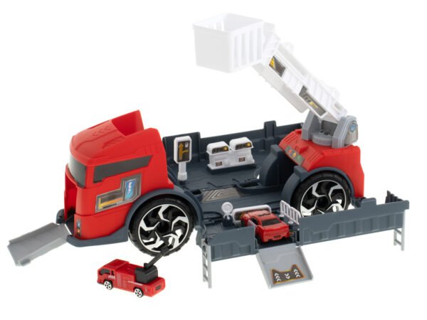 Transporter-ciezarowka-auto-2w1-parking-laweta-czerwony-90571(1) Sunkvežimis- transformeris su automobilių stovėjimo aikštele