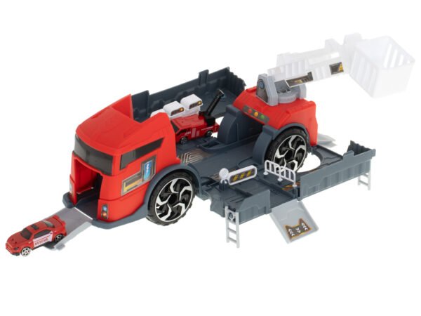 Transporter-ciezarowka-auto-2w1-parking-laweta-czerwony-90573(1) Sunkvežimis- transformeris su automobilių stovėjimo aikštele