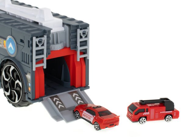 Transporter-ciezarowka-auto-2w1-parking-laweta-czerwony-90577(1) Sunkvežimis- transformeris su automobilių stovėjimo aikštele