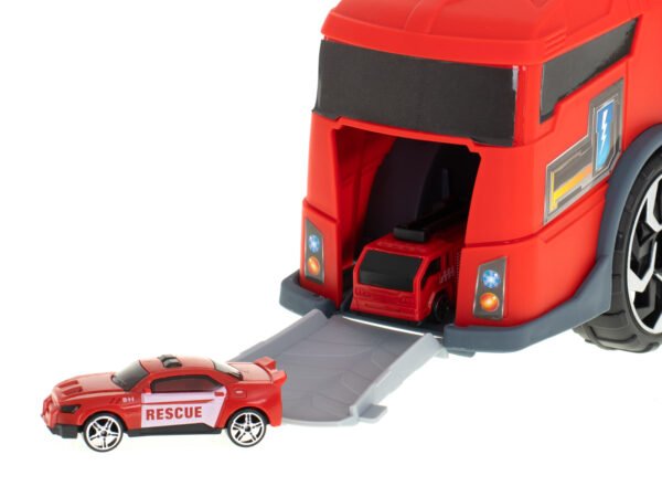 Transporter-ciezarowka-auto-2w1-parking-laweta-czerwony-90578(1) Sunkvežimis- transformeris su automobilių stovėjimo aikštele