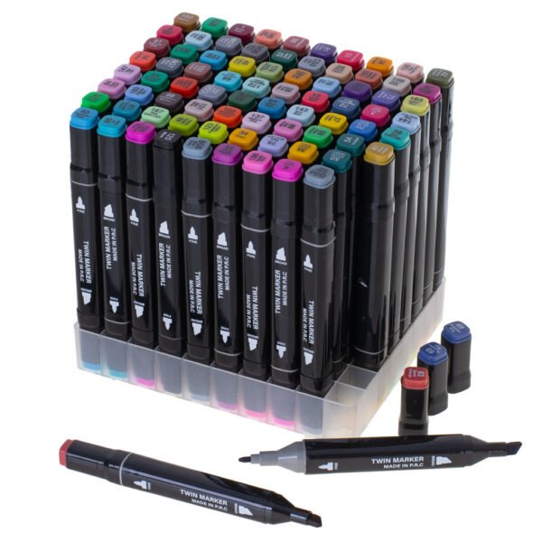 Markery-dwustronne-alkoholowe-w-etui-80-podstawka-107650(1) Dvipusiai markeriai (80 vnt.)