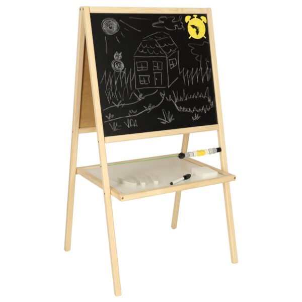 Tablica-suchoscieralna-kredowa-dwustronna-z-liczydlem-polka-naturalny-37-x-48-x-90-cm-149752 Medinė magnetinė dvipusė piešimo lenta su priedais