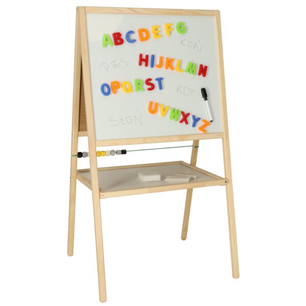 Tablica-suchoscieralna-kredowa-dwustronna-z-liczydlem-polka-naturalny-37-x-48-x-90-cm-149757 Medinė magnetinė dvipusė piešimo lenta su priedais