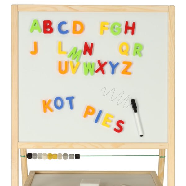 Tablica-suchoscieralna-kredowa-dwustronna-z-liczydlem-polka-naturalny-37-x-48-x-90-cm-149759 Medinė magnetinė dvipusė piešimo lenta su priedais