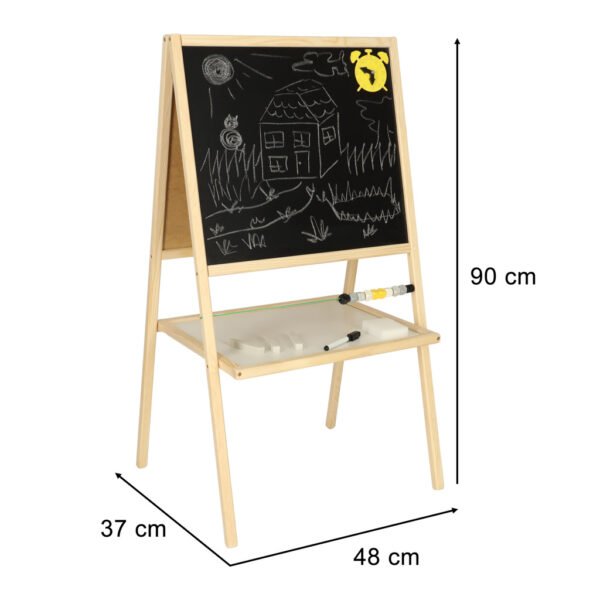 Tablica-suchoscieralna-kredowa-dwustronna-z-liczydlem-polka-naturalny-37-x-48-x-90-cm-149760 Medinė magnetinė dvipusė piešimo lenta su priedais