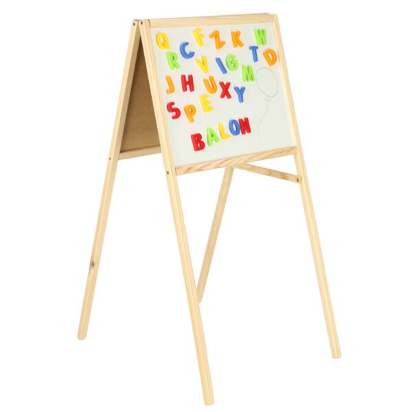 Tablica-kredowa-suchoscieralna-magnetyczna-dwustronna-literki-kreda-gabka-marker-84-x-43-x-50-cm-150575 Medinė magnetinė dvipusė piešimo lenta su priedais