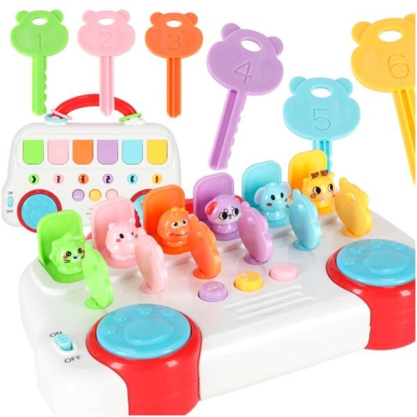 Muzikinis edukacinis autobusas su raktais ir iššokančiais gyvūnėliais