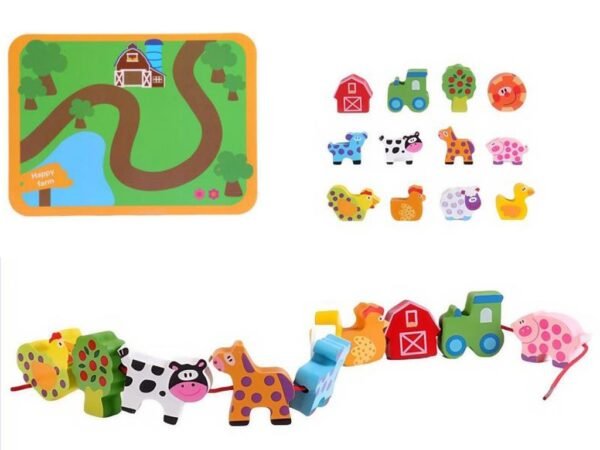Klocki-drewniane-do-nawlekania-tablica-plansza-farma-zwierzeta-173229 Vėrimo rinkinys Laimingas ūkis
