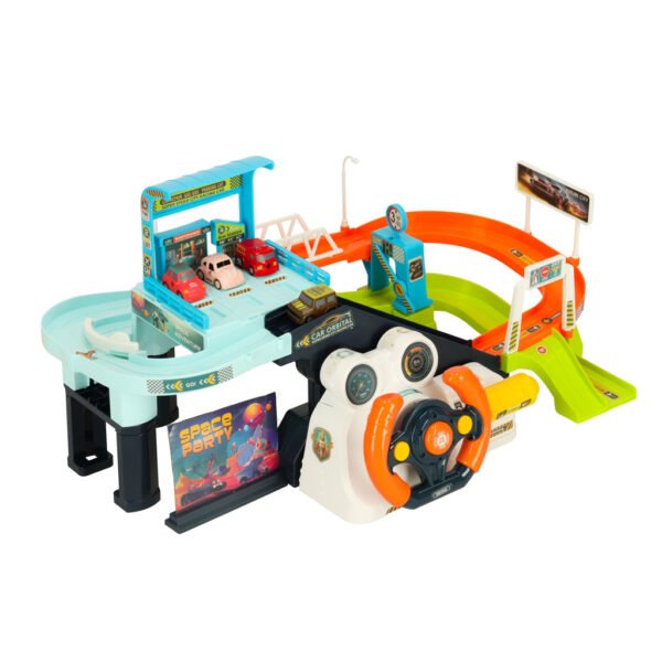 Kosminė automobilių trasa su šviesomis, garsais ir liftu