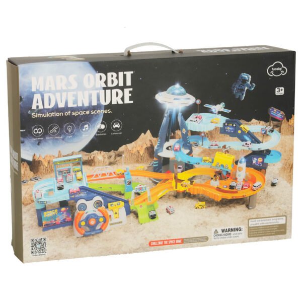 Kosminė automobilių trasa su šviesomis, garsais ir liftu