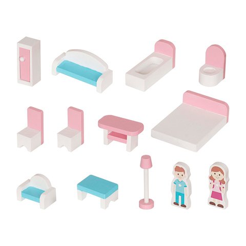 Didelis medinis lėlių namelis su LED apšvietimu ir baldais