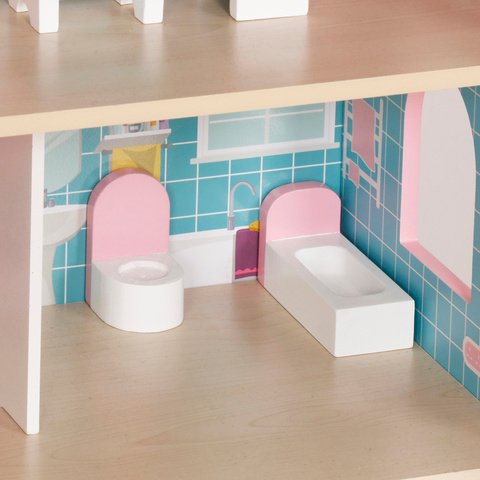 Didelis medinis lėlių namelis su LED apšvietimu ir baldais