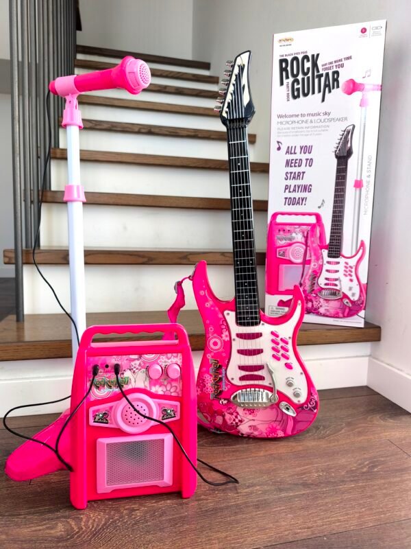 IMG_20260305_122907 Vaikiška elektrinė gitara su mikrofonu ir stiprintuvu (rožinė spalva)