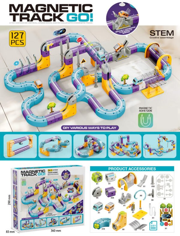 Magnetinis konstruktorius - lenktynių trasa su automobiliais, 127 dalys