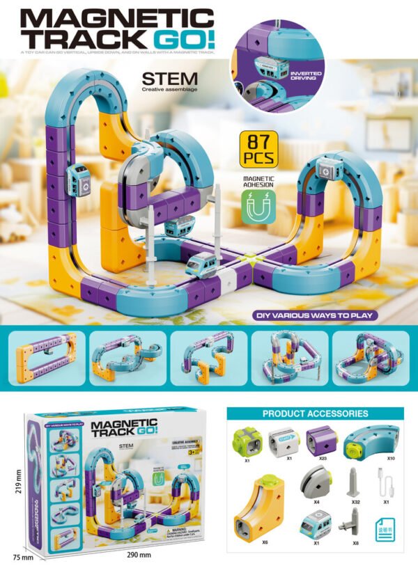 Magnetinis konstruktorius – lenktynių trasa su automobiliu, 87 dalys