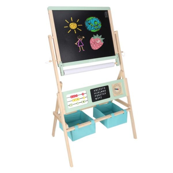 Tablica-drewniana-LULILO-Kredo-akcesoria-kredy-markery-magnesy-kosze-110cm-177590 Daugiafunkcinė dvipusė medinė piešimo lenta
