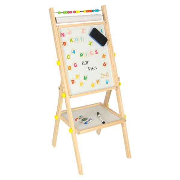 Tablica-magnetyczna-kredowa-liczydlo-papier-kreda-literki-gratis-174222 Medinė magnetinė dvipusė piešimo lenta (priemonės, popierius, skaitliukai)