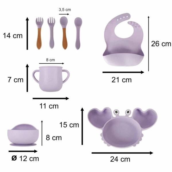 Naczynia-silikonowe-dla-dzieci-niemowlat-krab-zestaw-9-elementow-fioletowy-182911 Silikoninių indų rinkinys vaikams „Krabas“ – 9 dalių, violetinis