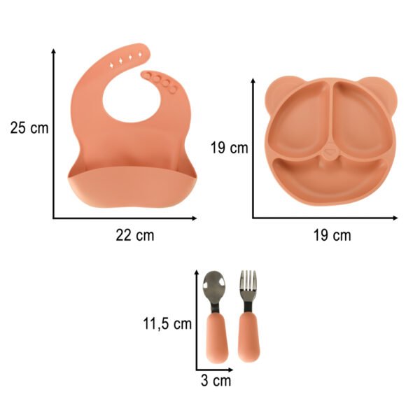 Naczynia-silikonowe-dla-dzieci-zestaw-4-elementow-mis-pomaranczowy-159901 Silikoninių indų rinkinys vaikams „Meškiukas“ – 4 dalių, oranžinis