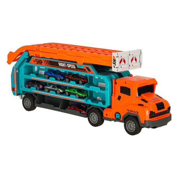 Tor-wyscigowy-samochodowy-laweta-transporter-6-el-pomaranczowy-160864 Autovežis su lenktynių trasa ir 6 automobiliais