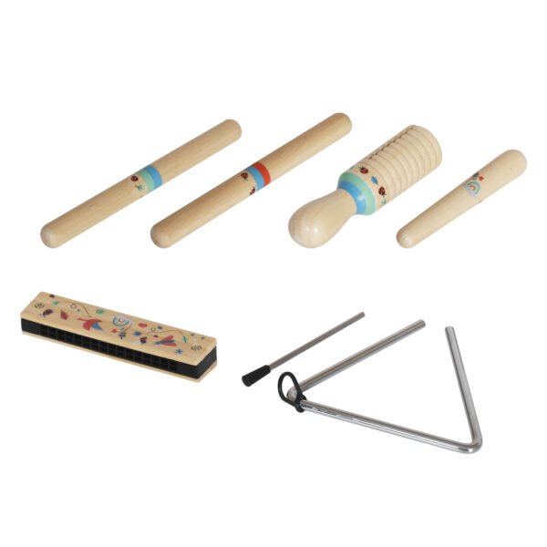 Instrumenty-drewniane-muzyczne-dla-dzieci-trojkat-paleczki-harmonijka-ustna-tarka-190801 Medinių muzikos instrumentų rinkinys vaikams