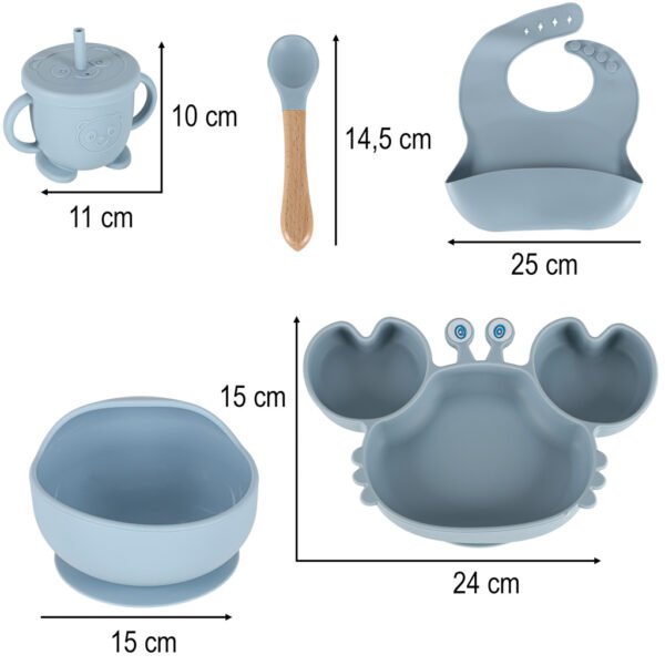Silikoninių indų rinkinys vaikams „Krabas“ – 9 dalių, mėlynas