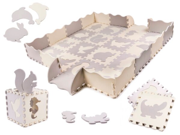 KX6269 Puzzle piankowe mata kojec dla dzieci 36el szaro-ecru 1-3 Putų dėlionės kilimėlis vaikams – 144 × 144 cm, 36 elementai